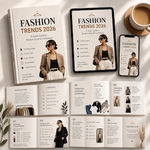 Może przedstawiać: Zdjęcie przedstawia książkę, tablet i smartfon z tytułem "Fashion Trends 2026". Książka jest otwarta, ukazując strony z treścią. W pobliżu znajduje się filiżanka kawy. Tematem jest moda i styl.