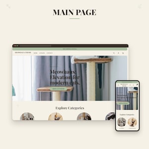 Könnte beinhalten: Ein Website-Layout-Design mit dem Titel Meowhaus, das einen Hero-Bereich mit einem Katzenbaum-Bild, den Text Meowhaus: Elevation for modern cats, einen Shop Cat Towers-Button und einen Explore Categories-Bereich mit runden Vorschaubildern zeigt.