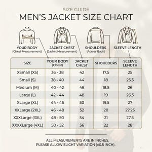 May include: A size guide chart for jackets with the title MEN'S JACKET SIZE CHART. It includes four line-art icons representing body chest, jacket chest, shoulders, and sleeve length, followed by a table listing sizes from XS to 4XL in inches.