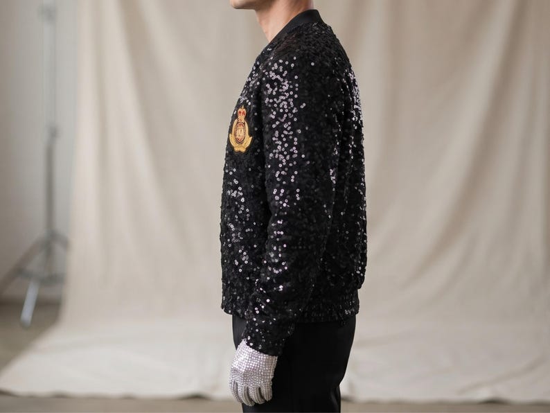 MJ Michael biopic 2026 Black Sequin Jacket, Concert Style Glitter Bomber Jacket, King of Pop Tribute Jacket, Handmade