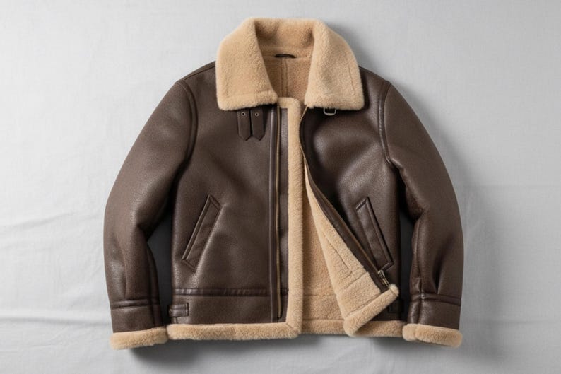 May include: A brown leather jacket with a beige shearling lining and collar. The jacket has a zip closure, two front pockets, and a classic aviator style. The jacket is a medium brown color.