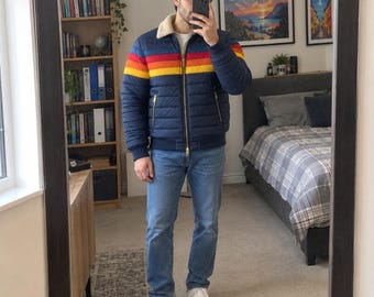 Rainbow Stripe Puffer Jacket, Women’s Retro 70s Quilted Coat, Colorful Streetwear Costume