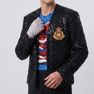 MJ Michael biopic 2026 Black Sequin Jacket, Concert Style Glitter Bomber Jacket, King of Pop Tribute Jacket, Handmade