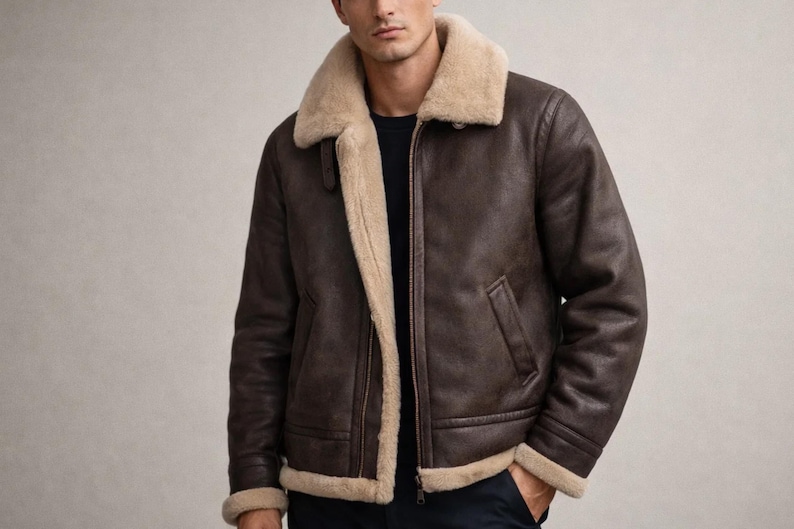 May include: A brown leather jacket with a cream-colored shearling lining and collar. The jacket has a zip-up front, two pockets, and shearling trim on the cuffs and hem. A classic outerwear piece.