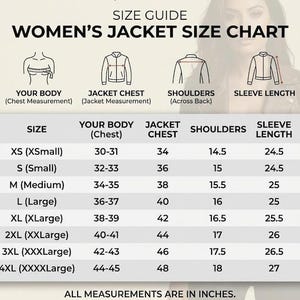 May include: A jacket size chart featuring a table with columns for size, body chest, jacket chest, shoulders, and sleeve length. Icons illustrate measurement points for body, jacket, shoulders, and sleeves. Text states all measurements are in inches.