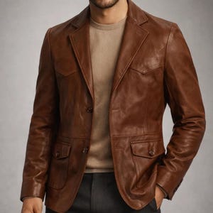 Handmade Western Cowboy Leather Blazer, Genuine Brown Cowhide Jacket, Classic Ranch Wear Coat for Men
