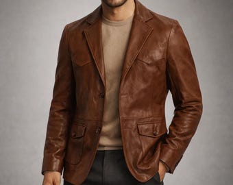 Handmade Western Cowboy Leather Blazer, Genuine Brown Cowhide Jacket, Classic Ranch Wear Coat for Men
