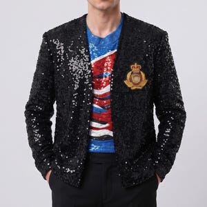 Jaqueta de lantejoulas pretas estilo bomber com glitter, inspirada no filme biográfico de Michael Jackson de 2026, jaqueta em homenagem ao Rei do Pop, feita à mão.