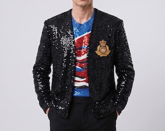 Chaqueta negra de lentejuelas estilo concierto, chaqueta bomber brillante, chaqueta tributo al Rey del Pop, hecha a mano, para la película biográfica de MJ Michael (2026).