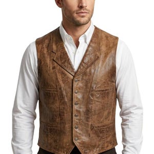 John Wayne leren vest, leren western cowboyvest bruin, klassiek vest met V-hals in ranchstijl, leren herenvest met knopen, vintage westernout