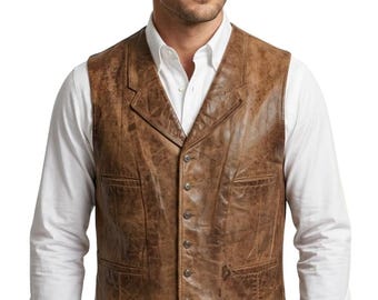 John Wayne Leather Vest, Western Cowboy Leather Vest Brown, Classic Ranch Style V Neck Vest, Mens Buttoned Leather Vest, Vintage Western Out