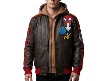 Chaqueta de cuero inspirada en Marvel Rivals, chaqueta de cosplay estilo Peter Parker, abrigo de motociclista con parche bordado, chaqueta de cuero para jugadores de superhéroes
