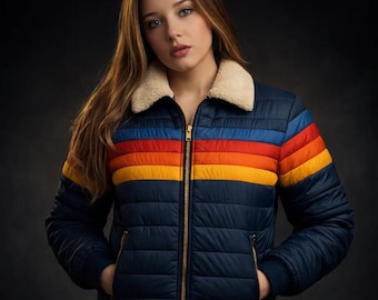 Chaqueta acolchada de rayas arcoíris para mujer, estilo retro de los años 70, chaqueta acolchada extragrande y colorida para invierno, abrigo acolchado estilo Harajuku Streetwear.