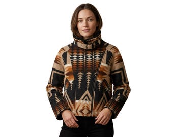 Chaqueta de aviador de lana con inspiración azteca de Beth Dutton, abrigo de vaquera de Dutton Ranch, chaqueta western con cuello de borrego, prendas de abrigo de estilo ranchero hechas a mano.