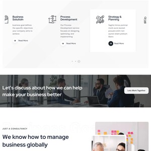 May include: A website layout with the text "High Quality Services" and service descriptions. Sections include Business Solution, Process Development, and Strategy & Planning. The page also features the text "Let's discuss about how we can help make your business better."