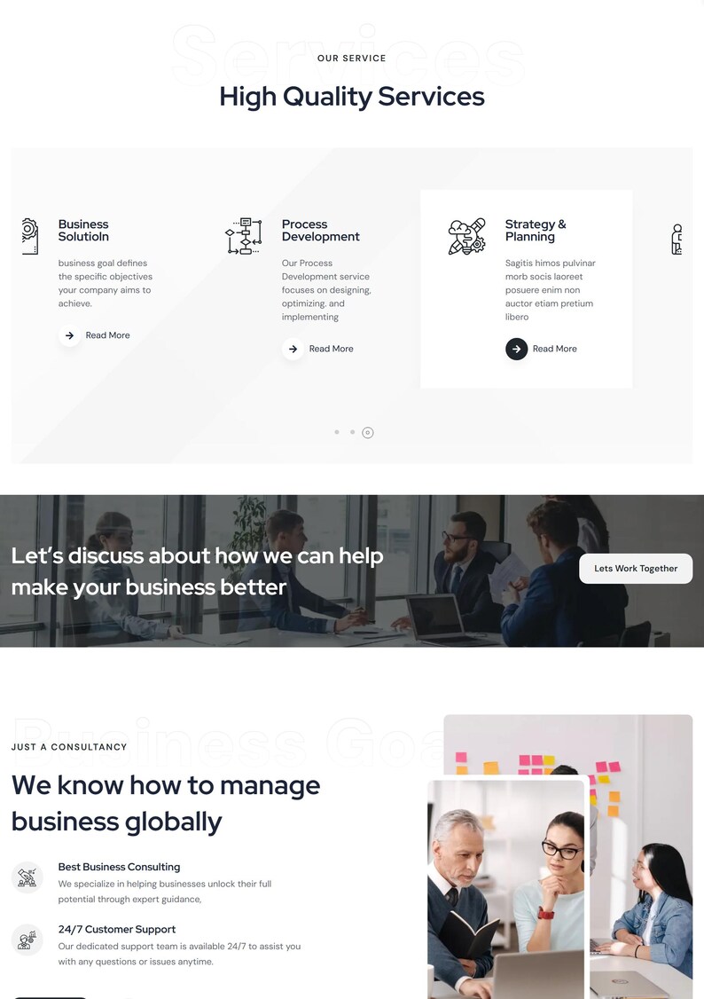 May include: A website layout with the text "High Quality Services" and service descriptions. Sections include Business Solution, Process Development, and Strategy & Planning. The page also features the text "Let's discuss about how we can help make your business better."