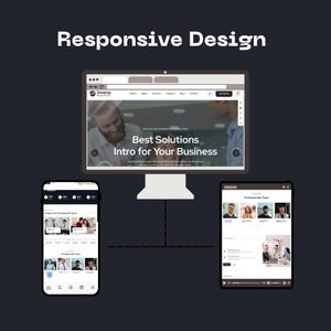May include: A digital illustration showcasing responsive design across multiple devices. A desktop computer, tablet, and smartphone display a website interface with the text "Responsive Design" at the top. The desktop screen shows "Best Solutions Intro for Your Business".