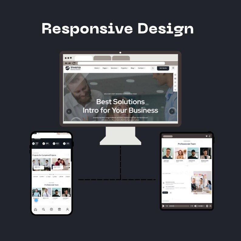 May include: A digital illustration showcasing responsive design across multiple devices. A desktop computer, tablet, and smartphone display a website interface with the text "Responsive Design" at the top. The desktop screen shows "Best Solutions Intro for Your Business".