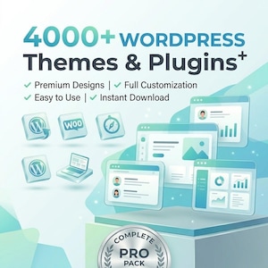May include: An advertisement for WordPress themes and plugins. The image features the text "4000+ WORDPRESS Themes & Plugins+" in teal. Icons and mockups of websites are also present, along with the text "Premium Designs | Full Customization | Easy to Use | Instant Download."