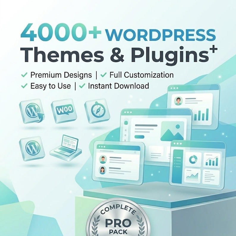 May include: An advertisement for WordPress themes and plugins. The image features the text "4000+ WORDPRESS Themes & Plugins+" in teal. Icons and mockups of websites are also present, along with the text "Premium Designs | Full Customization | Easy to Use | Instant Download."