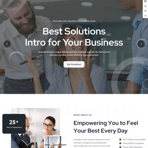 May include: Website design featuring the Invena Business Solution logo, navigation menu, and a call to action button. The main image shows a business team with the text "Best Solutions Intro for Your Business". Additional sections highlight experience and services.