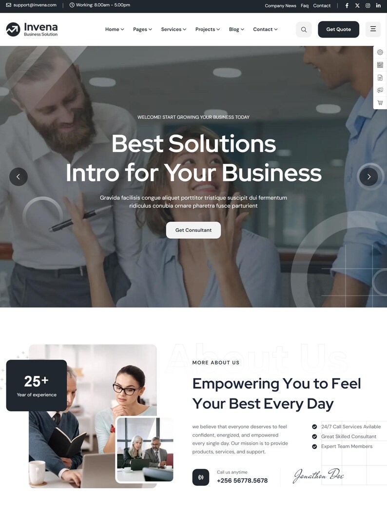 May include: Website design featuring the Invena Business Solution logo, navigation menu, and a call to action button. The main image shows a business team with the text "Best Solutions Intro for Your Business". Additional sections highlight experience and services.