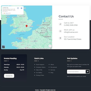 May include: A website screenshot with a map of Europe, contact information, and quick links. The map highlights London Eye. Contact details include a phone number and email. The website footer includes copyright information and an email signup.