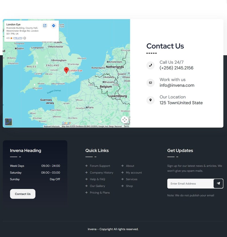 May include: A website screenshot with a map of Europe, contact information, and quick links. The map highlights London Eye. Contact details include a phone number and email. The website footer includes copyright information and an email signup.