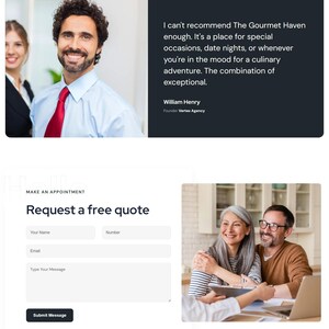 May include: A webpage layout featuring client reviews and a request for a quote form. The client review section includes a smiling man in a light blue shirt and red tie. The quote form has fields for name, number, email, and a message.