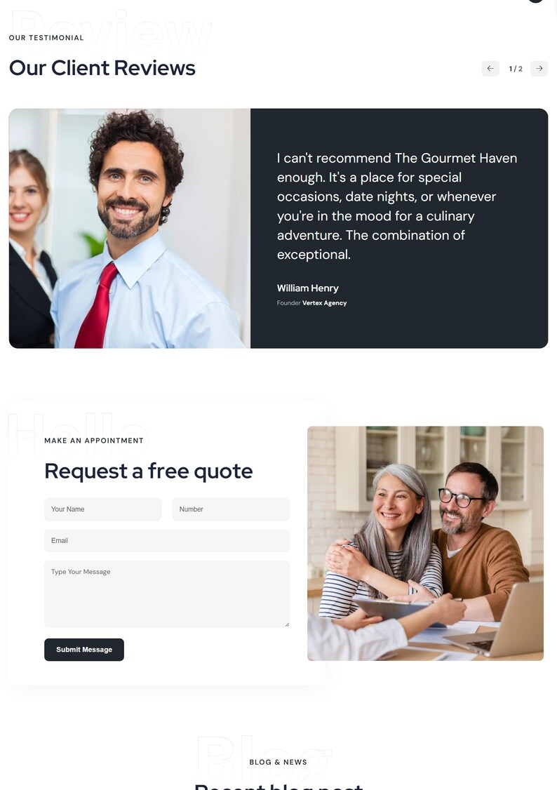 May include: A webpage layout featuring client reviews and a request for a quote form. The client review section includes a smiling man in a light blue shirt and red tie. The quote form has fields for name, number, email, and a message.