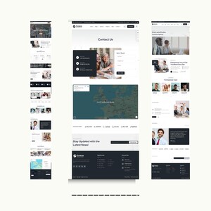 May include: Website design mockups showcasing various pages with a clean, modern aesthetic. The pages include contact information, a map, and sections with images and text. The overall design is professional and user-friendly.
