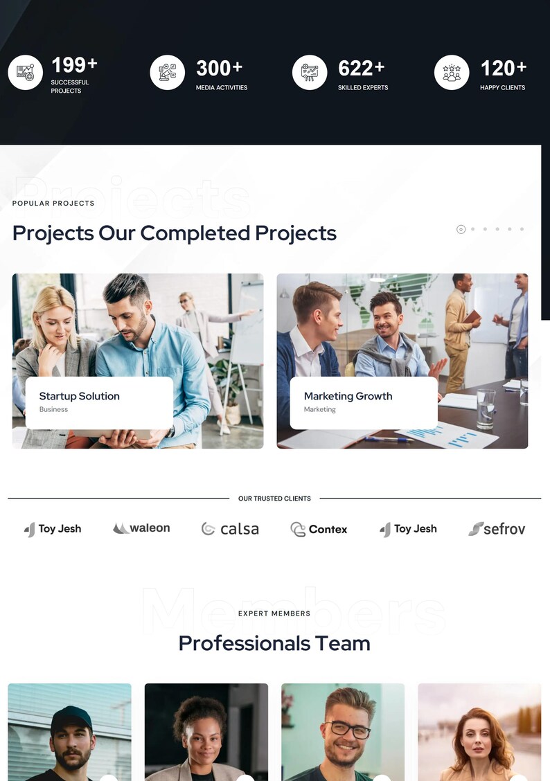May include: A website screenshot showcasing business services. The top section displays statistics: 199+ successful projects, 300+ media activities, 622+ skilled experts, and 120+ happy clients. Below, it highlights completed projects and client logos.
