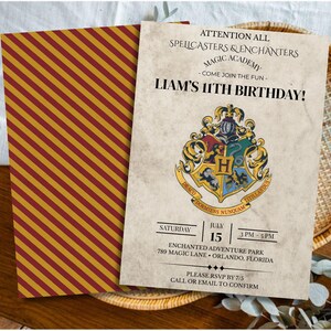 May include: A birthday invitation with a parchment-like appearance, featuring the text "LIAM'S 11TH BIRTHDAY!" and a crest. The invitation is accompanied by an envelope with a red and gold diagonal stripe pattern.