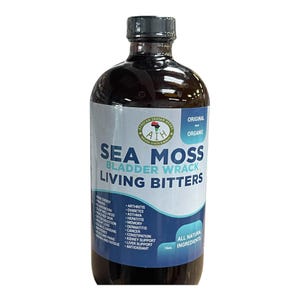 May include: A dark glass bottle of "Sea Moss Bladder Wrack Living Bitters" with a white and blue label. The label lists health benefits and the text "Original Organic" and "All Natural Ingredients". The bottle contains 16 fl oz.