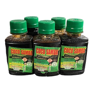 May include: Six small, square bottles of Coco Samba drink with green caps. Each bottle has a green and white label with the drink's name and ingredients. The liquid inside is a dark brown color.