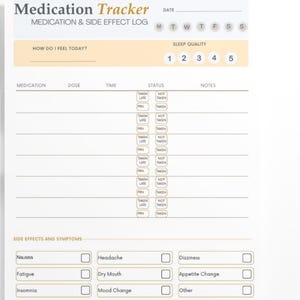 May include: A white medication tracker sheet with a light orange header. The sheet includes sections for medication, dose, time, status, and notes. Side effects and symptoms are listed, along with a sleep quality scale.