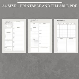 Könnte beinhalten: ADHS-Planer-Set mit Tages-, Wochen- und Monatslayouts. Der Text lautet "A4-Größe | Druckbares und ausfüllbares PDF". Die Planerseiten sind hellgrau mit schwarzem Text und einem einfachen Design.