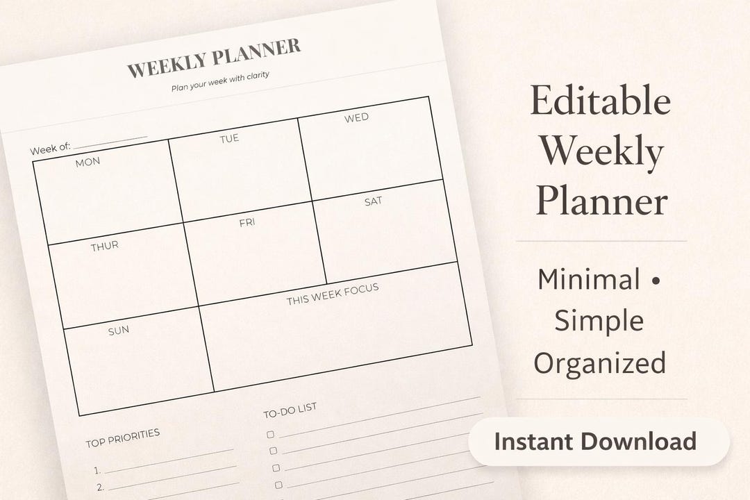 Editable Weekly Planner Printable, Minimalist Weekly Schedule Template ...