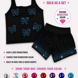 May include: A black sports set featuring a tank top with blue rhinestone bow designs and matching biker shorts with a blue rhinestone gradient pattern. The text includes Victory Bling, Girls Rhinestone Sports Set, and color options.