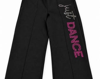 Girls Rhinestone Dance Pants, Wide Leg Dancer Sweatpants, Custom Rhinestone Bottoms