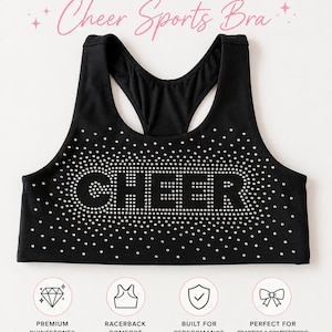 May include: Black rhinestone cheer sports bra with the word "CHEER" spelled out in rhinestones. The bra has a racerback design and is built for performance. The text "SPARKLE. PERFORM. STAND OUT." is at the bottom.