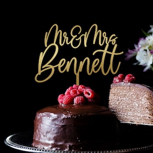 Personalized Wedding Cake Topper / Custom Script Cake Topper for Wedding and Anniversary / Customizable Cake Topper / Gold Silver