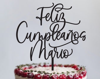 Personalized Birthday Cake Topper in English or Spanish/ Custom Script Cake Topper for Birthdays and Party / Feliz Cumpleanos / Gold Silver