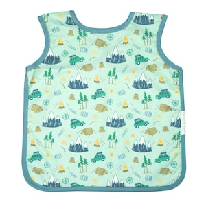 May include: A turquoise blue sleeveless bib with a camping themed pattern. The pattern includes mountains, trees, tents, cars, and campfires. The bib has a teal blue trim.