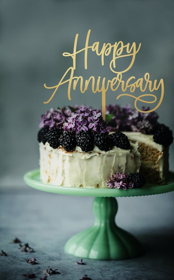 Happy Anniversary Cake Topper - Double Sided Gold Glitter Sign For Wedding, Company, Birthday
