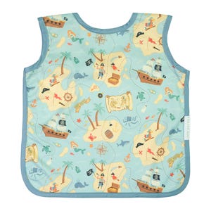 May include: A blue and yellow sleeveless bib with a pirate treasure map design. The bib features a variety of images including a pirate ship, a treasure chest, a compass, and palm trees.