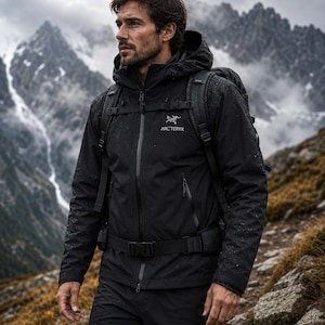 May include: A black hooded technical jacket featuring a front zipper, long sleeves, and the white Arc'teryx logo on the chest. The jacket is worn with a black backpack that has a waist strap and shoulder straps, paired with matching black trousers.