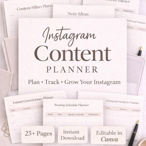 Puede incluir: Un planificador de contenido de Instagram con el texto "Instagram Content PLANNER Plan • Track • Grow Your Instagram". Incluye varias páginas de seguimiento, con el texto "25+ Pages", "Instant Download" y "Editable in Canva".