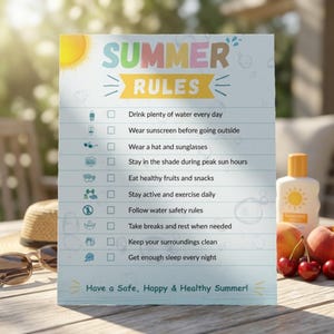 May include: A light blue sign titled Summer Rules with a yellow banner and colorful text. It lists ten checklist items with icons, including drinking water, wearing sunscreen, and staying active. The bottom text reads Have a Safe, Happy & Healthy Summer.