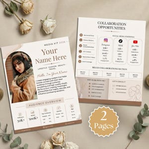 May include: A two-page media kit template for 2026 featuring a neutral color palette. The first page includes a placeholder for a photo, name, and audience statistics. The second page displays collaboration opportunities and social media metrics.